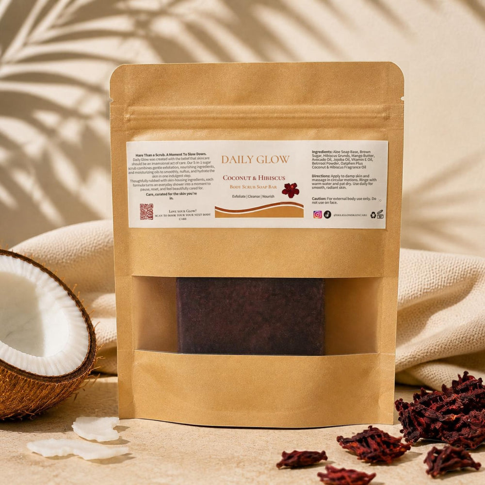 Daily Glow Coconut & Hibiscus body scrub soap bar in kraft window pouch