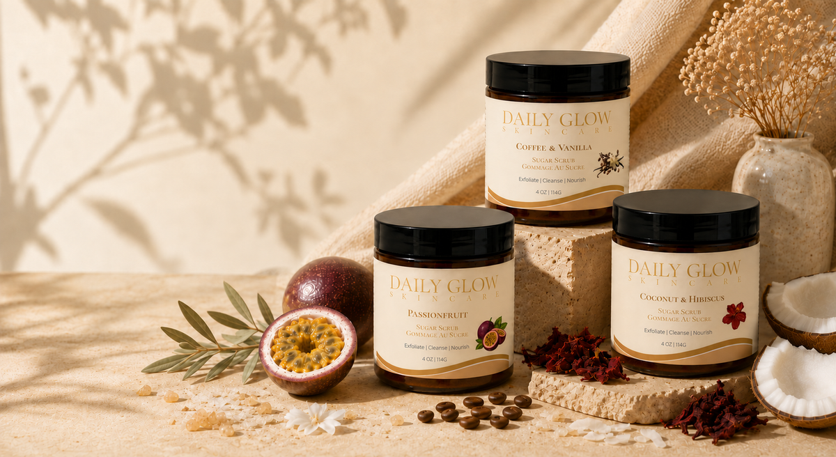 Original Daily Glow three-scrub hero with Coffee & Vanilla, Passionfruit and Coconut & Hibiscus 4 oz labels